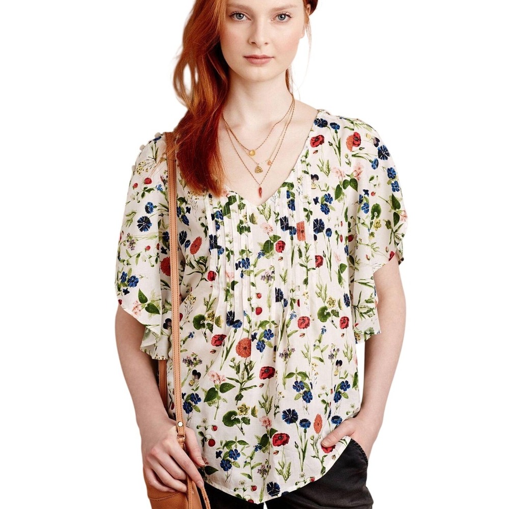 Maeve‎ Maya Flutter Sleeve Floral Pintuck Blouse Women's 2 Cream Boho Dainty Y2K